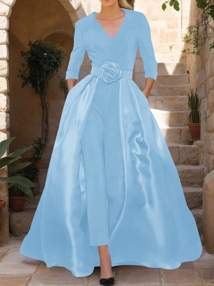 Mother of the Bride V Neck Pantsuit with 3/4 Sleeves and Flower Belt