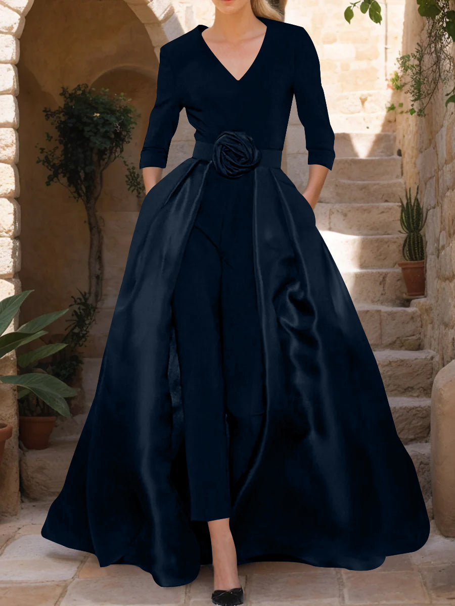 Mother of the Bride V Neck Pantsuit with 3/4 Sleeves and Flower Belt