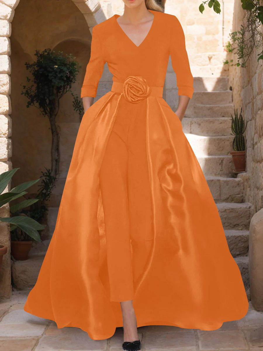 Mother of the Bride V Neck Pantsuit with 3/4 Sleeves and Flower Belt