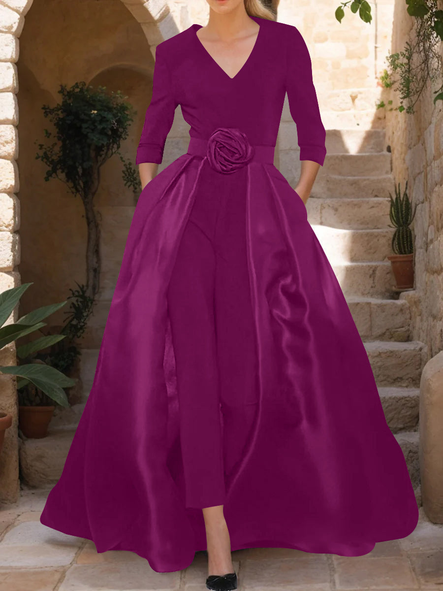 Mother of the Bride V Neck Pantsuit with 3/4 Sleeves and Flower Belt