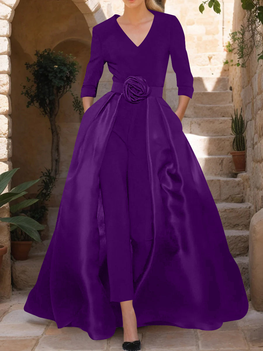 Mother of the Bride V Neck Pantsuit with 3/4 Sleeves and Flower Belt