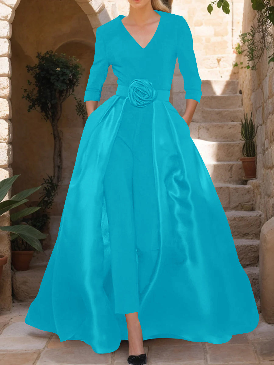 Mother of the Bride V Neck Pantsuit with 3/4 Sleeves and Flower Belt