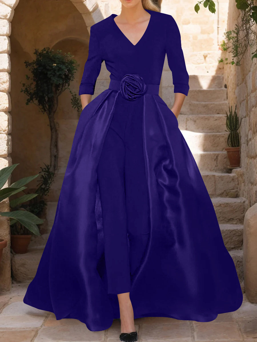 Mother of the Bride V Neck Pantsuit with 3/4 Sleeves and Flower Belt