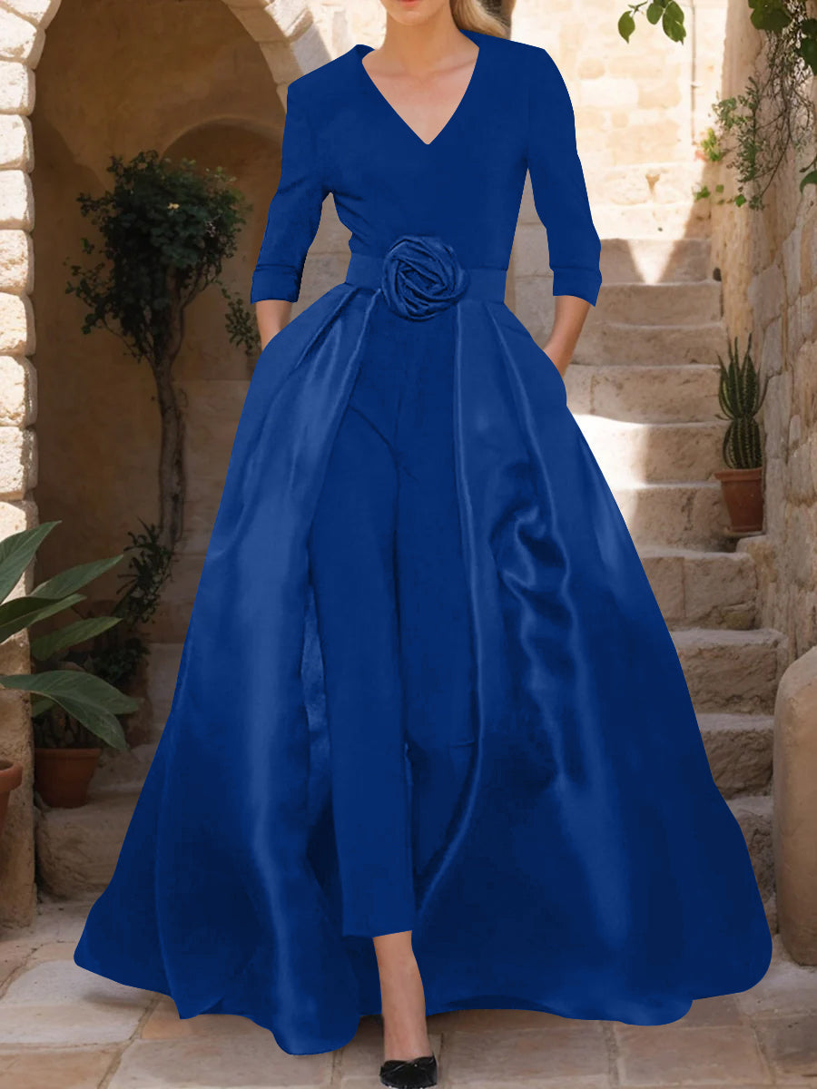 Mother of the Bride V Neck Pantsuit with 3/4 Sleeves and Flower Belt