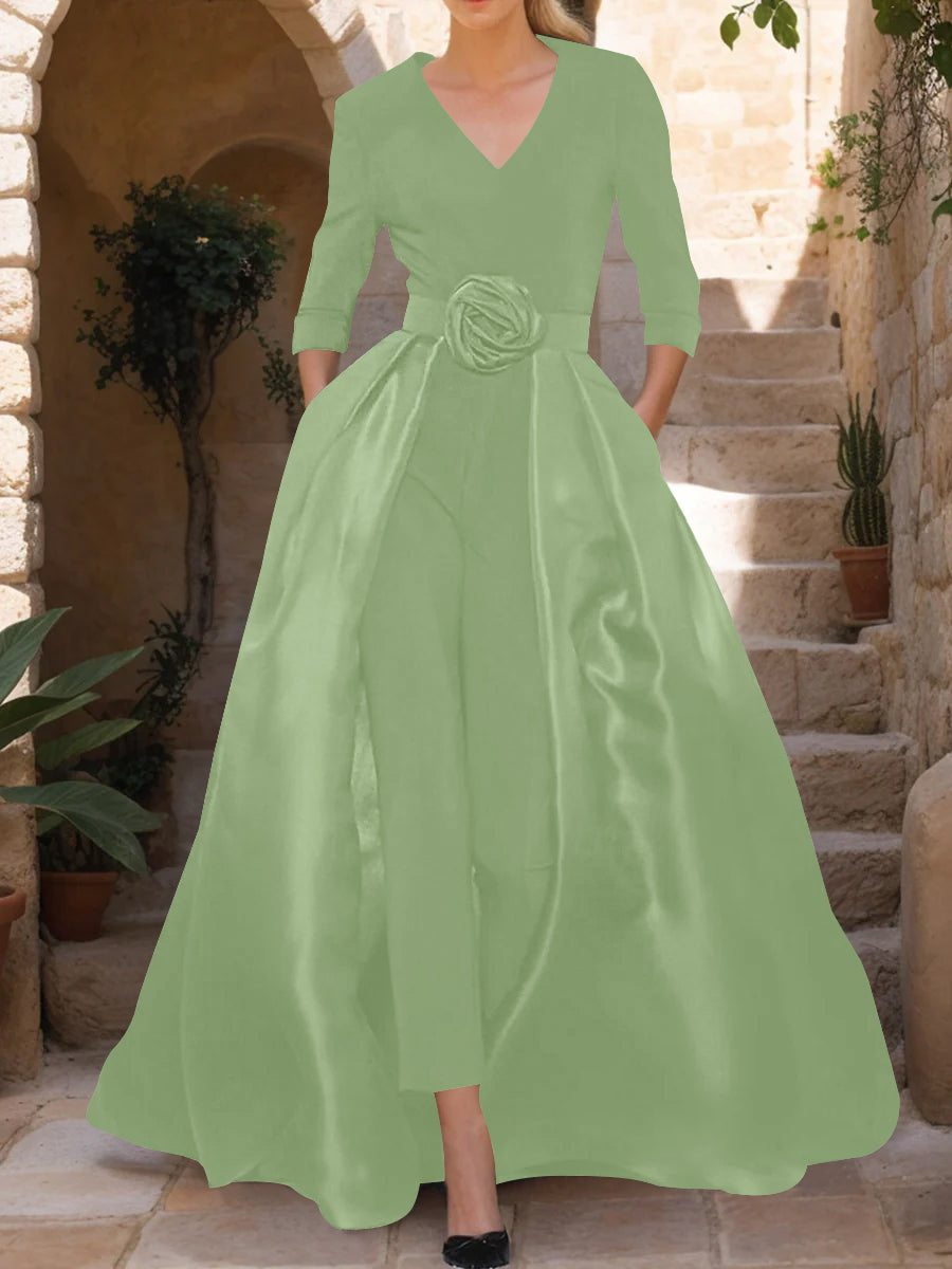 Mother of the Bride V Neck Pantsuit with 3/4 Sleeves and Flower Belt