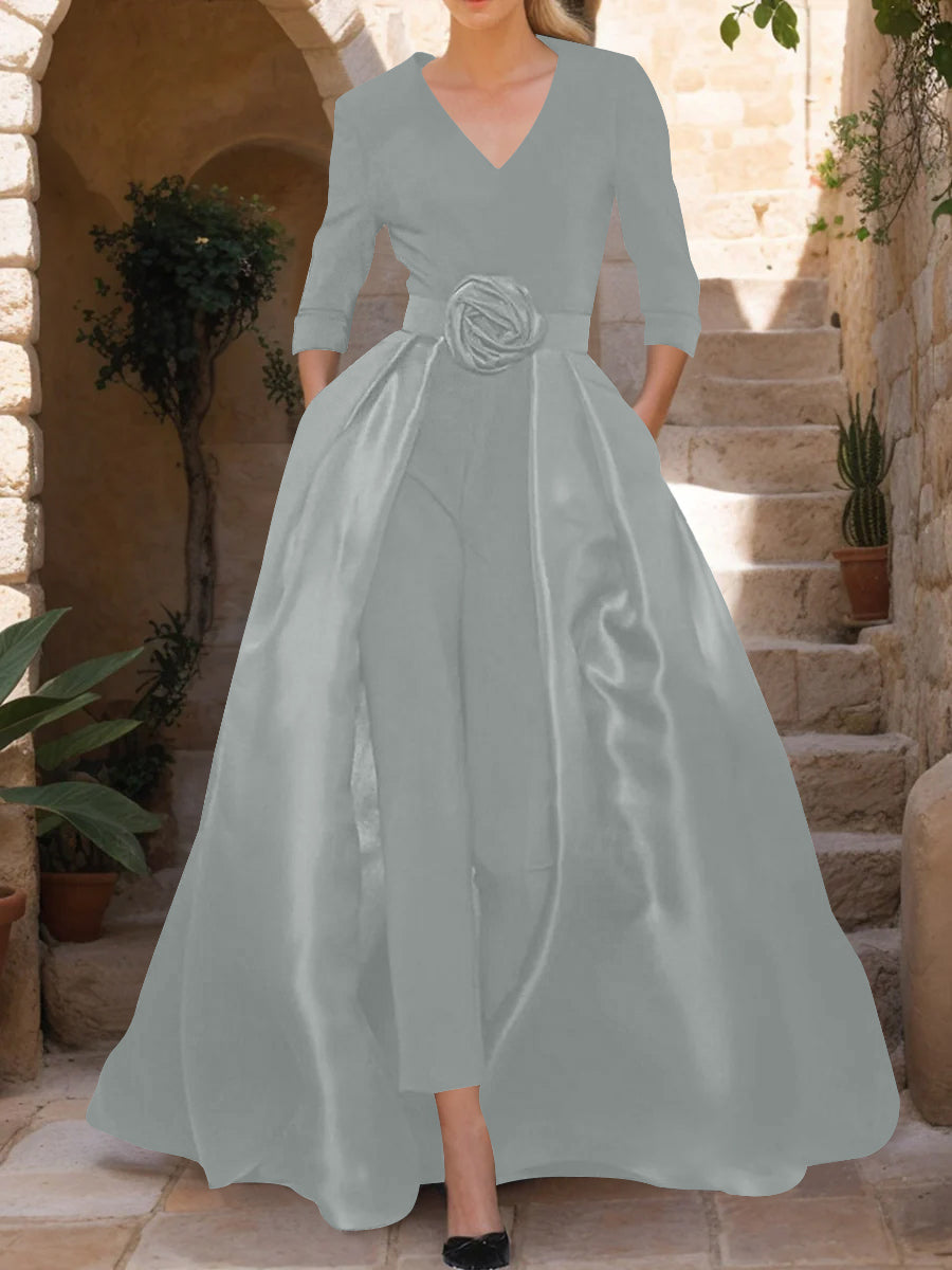 Mother of the Bride V Neck Pantsuit with 3/4 Sleeves and Flower Belt