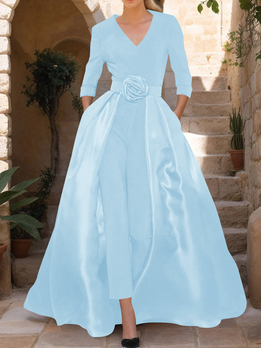 Mother of the Bride V Neck Pantsuit with 3/4 Sleeves and Flower Belt