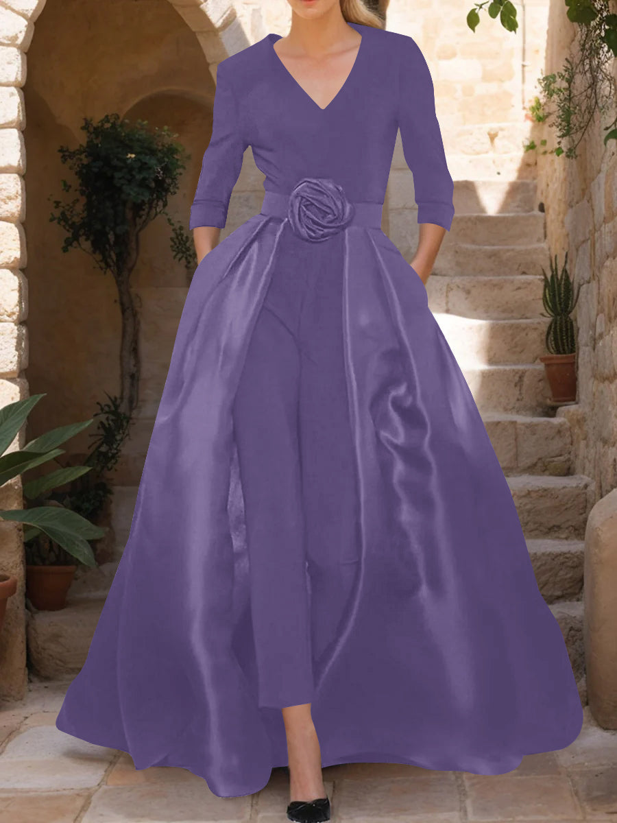 Mother of the Bride V Neck Pantsuit with 3/4 Sleeves and Flower Belt