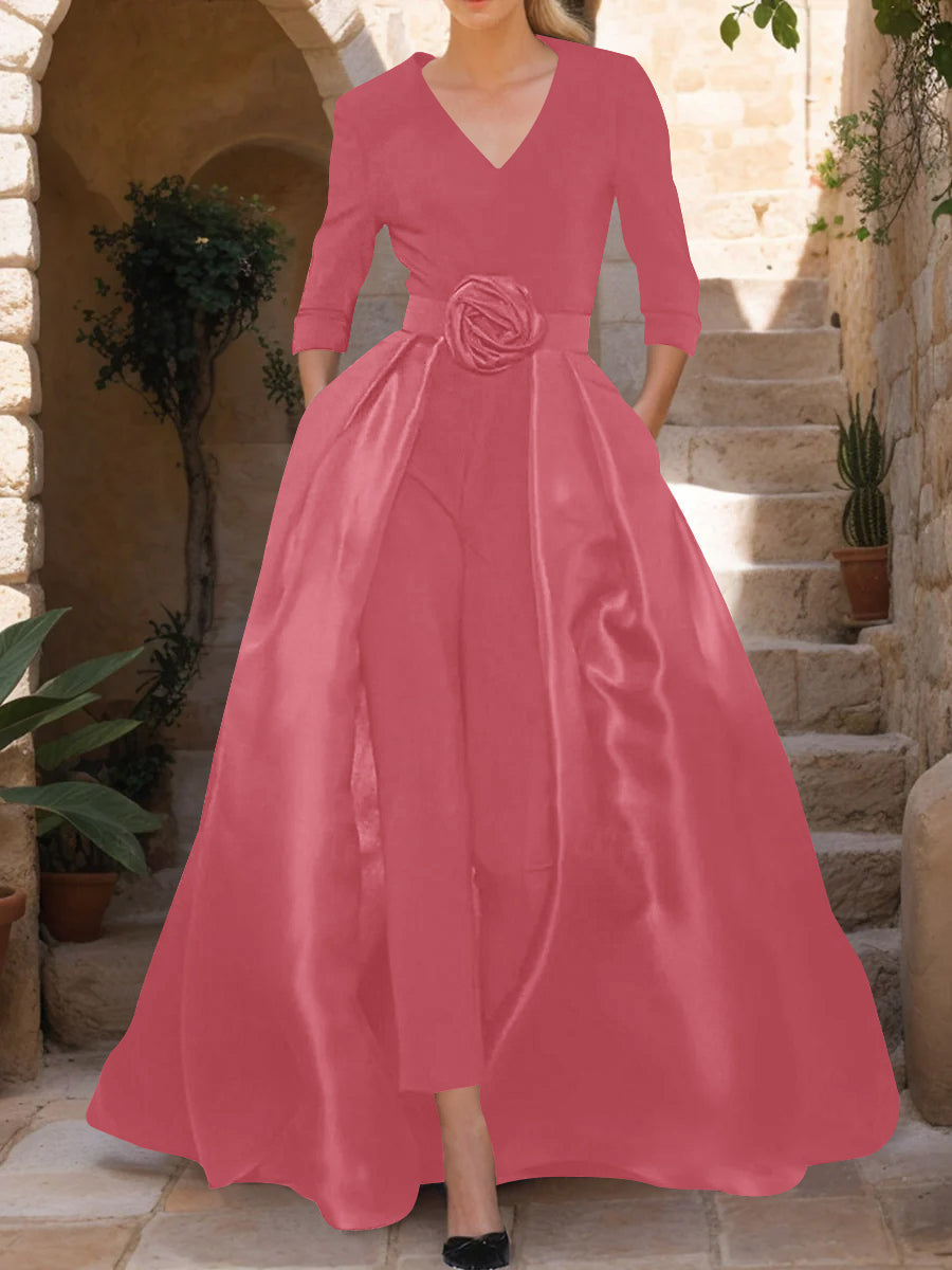 Mother of the Bride V Neck Pantsuit with 3/4 Sleeves and Flower Belt
