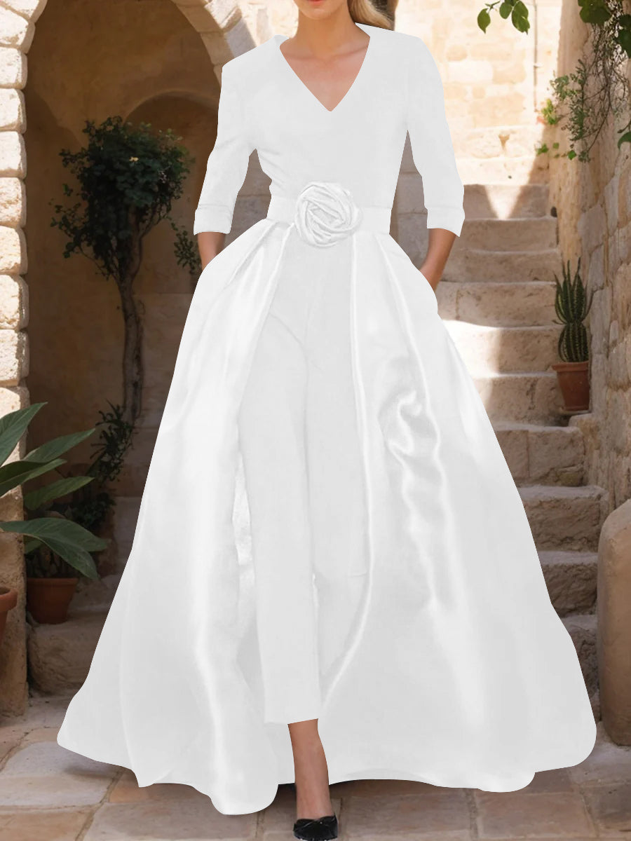 Mother of the Bride V Neck Pantsuit with 3/4 Sleeves and Flower Belt