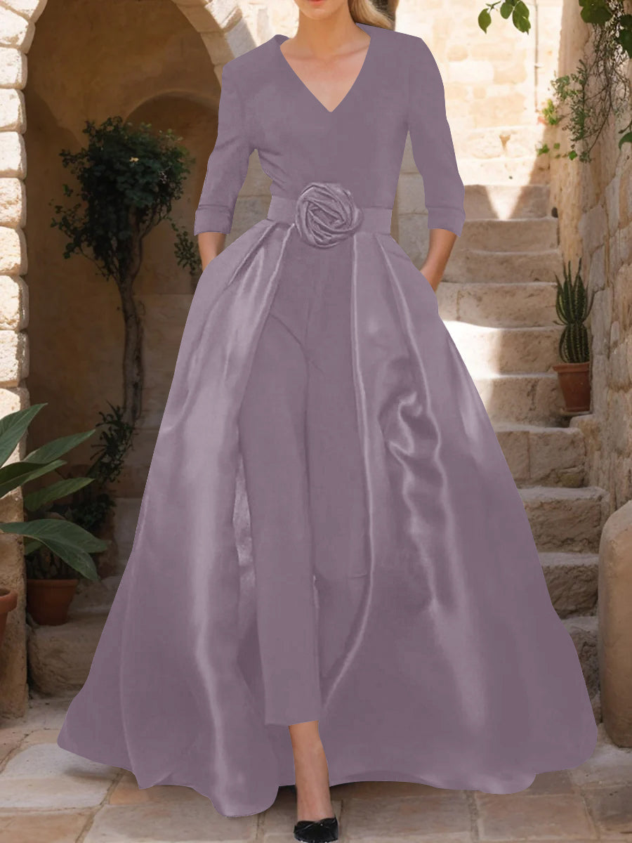 Mother of the Bride V Neck Pantsuit with 3/4 Sleeves and Flower Belt