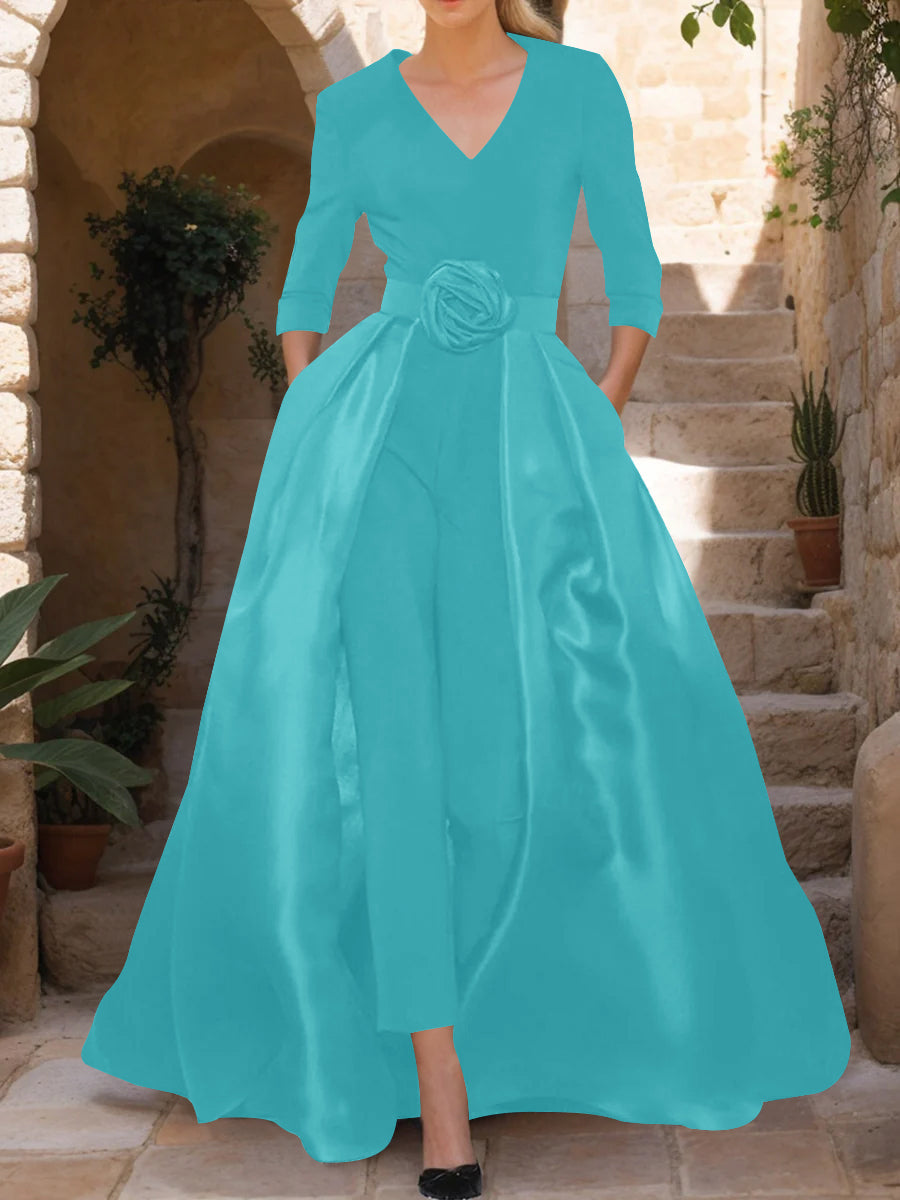 Mother of the Bride V Neck Pantsuit with 3/4 Sleeves and Flower Belt