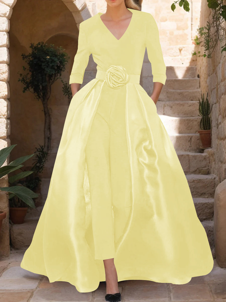 Mother of the Bride V Neck Pantsuit with 3/4 Sleeves and Flower Belt