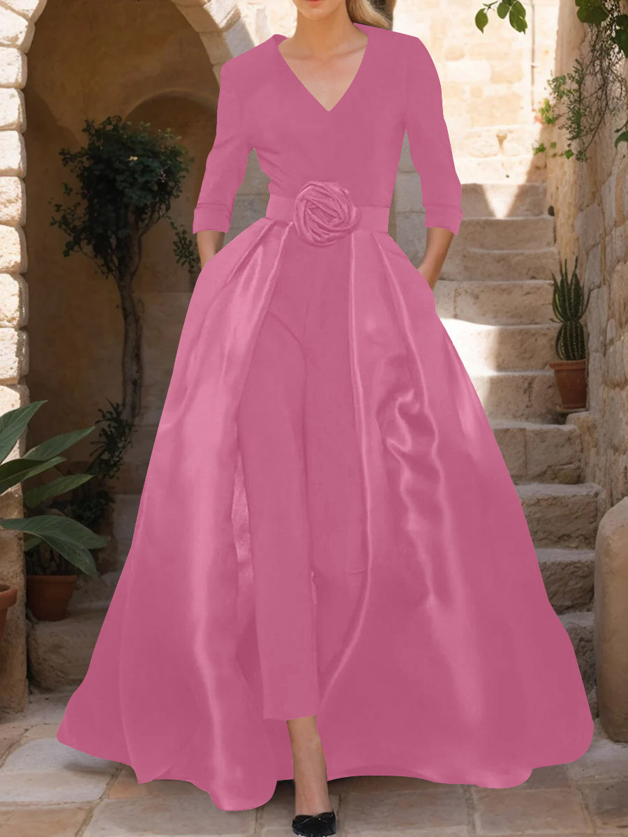 Mother of the Bride V Neck Pantsuit with 3/4 Sleeves and Flower Belt