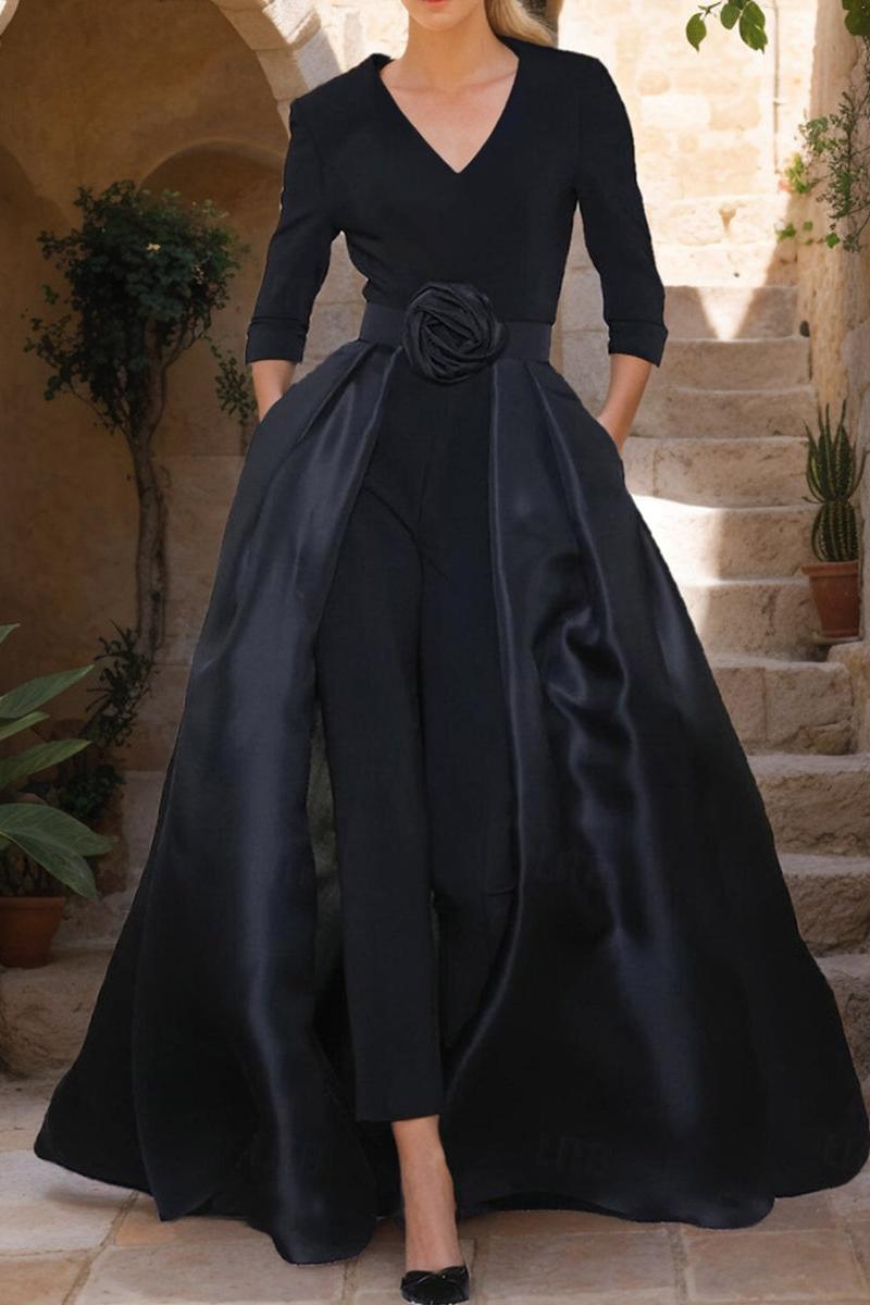 Mother of the Bride V Neck Pantsuit with 3/4 Sleeves and Flower Belt
