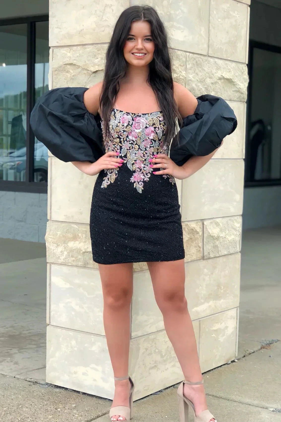 Black Strapless Appliques Beaded Homecoming Dress with Detachable Sleeves (ZD11846) - VelvetHem