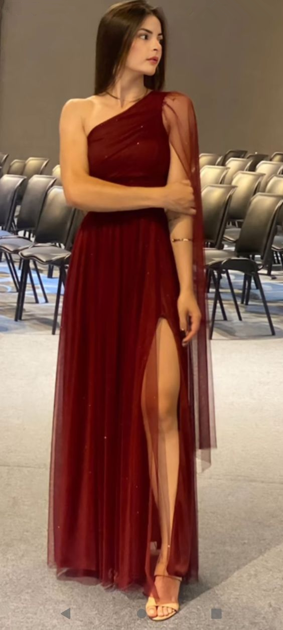 Elegant Burgundy A-line Tulle Evening Dress With Split Y7159 - VelvetHem