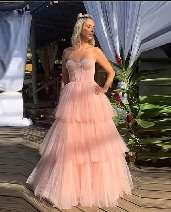 Pink Strapless Tulle Layered Evening Dress Formal Prom Party Dress - VelvetHem