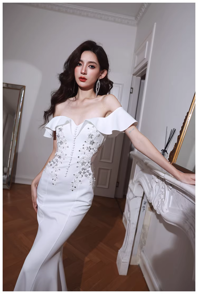 Elegant Off The Shoulder White Satin Appliques Mermaid Evening Dress Long Wedding Guest Dress - View 7 | VelvetHem