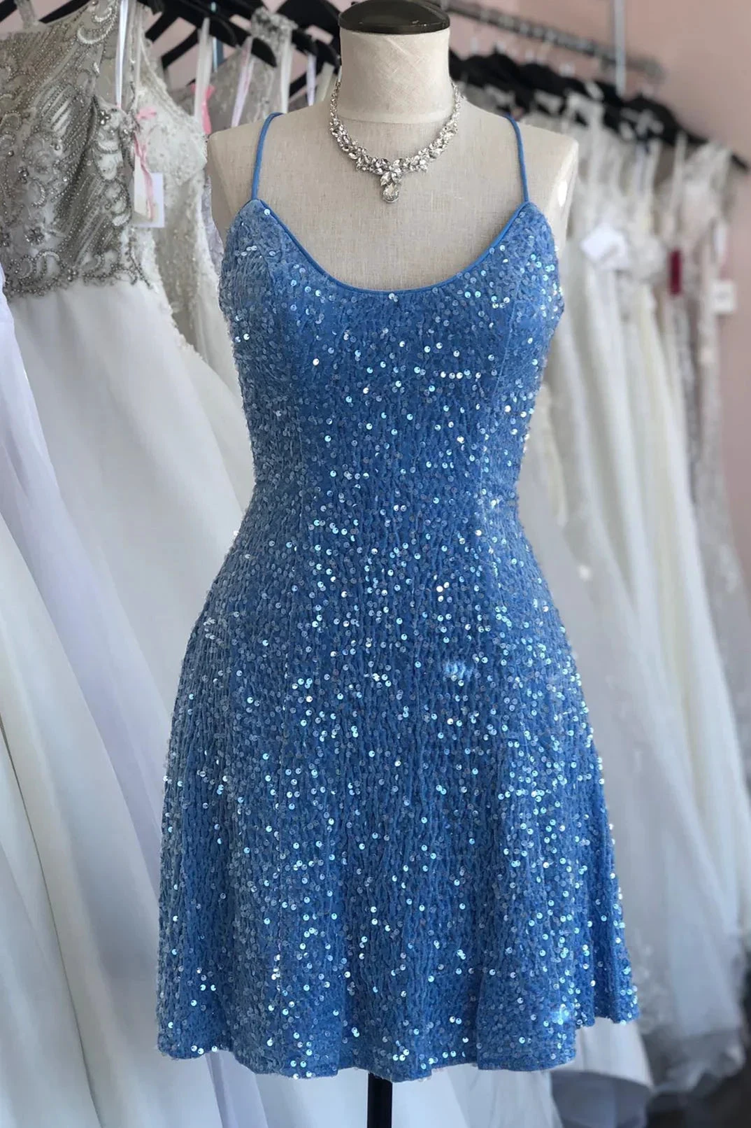 Blue Sheath Sequins Lace-Up Mini Homecoming Dress Y3007 by simplepromdress