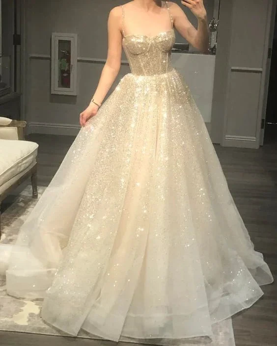 Women's Spaghetti Straps Sparkly Bohemian Wedding Dress (ZD13686)