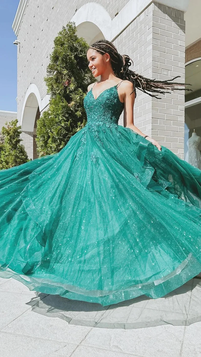 Glitter Green Tulle Appliques Sequins Prom Dress A Line Party Evening Gown - VelvetHem