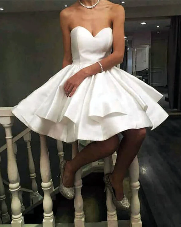 White Satin Sweetheart Ruffles Homecoming Dress - VelvetHem
