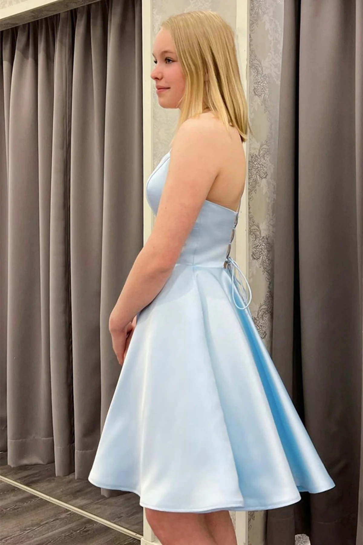 Spaghetti Straps Short Light Blue Satin Homecoming Dresses, Light Blue Formal Graduation Evening Dresses