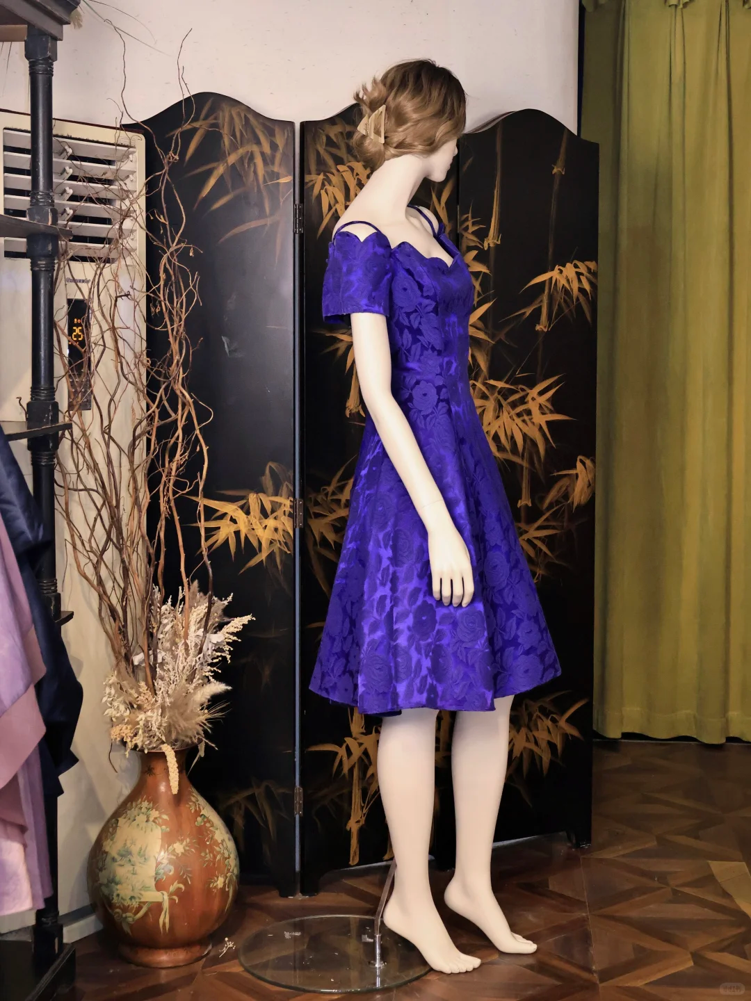 Vintage Purple Satin Floral Print A Line Homecoming Dress Off Shoulder Short Birthday Outfits - View 2 | VelvetHem