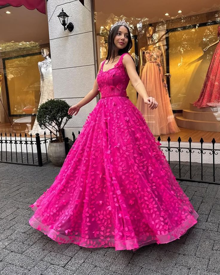Beautiful Hot Pink Tulle Appliques Evening Dress,A Line Party Dress Ball Gown - VelvetHem