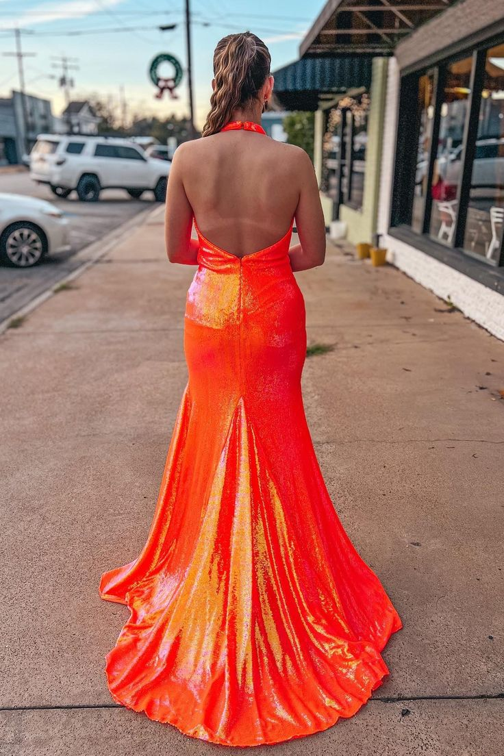 Orange Mermaid Halter Sequins Backless Long Prom Dress - VelvetHem
