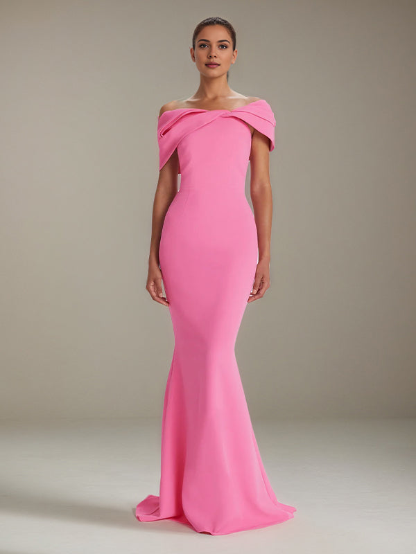 Hot Pink Stretch Crepe Off The Shoulder Sleeveless Floor Length Mermaid Formal Dress - VelvetHem