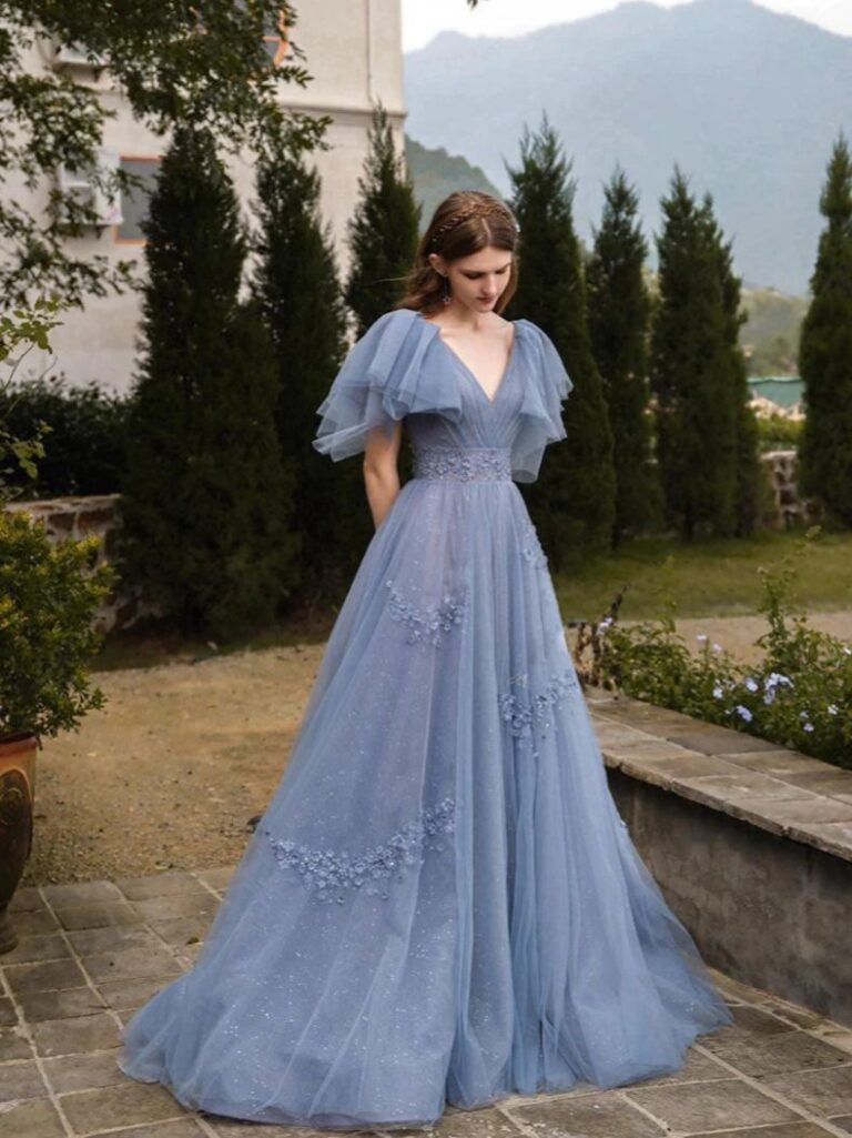 Elegant V Neck Tulle Sequins Appliques Prom Dress,Blue Party Dress Evening Dress - VelvetHem