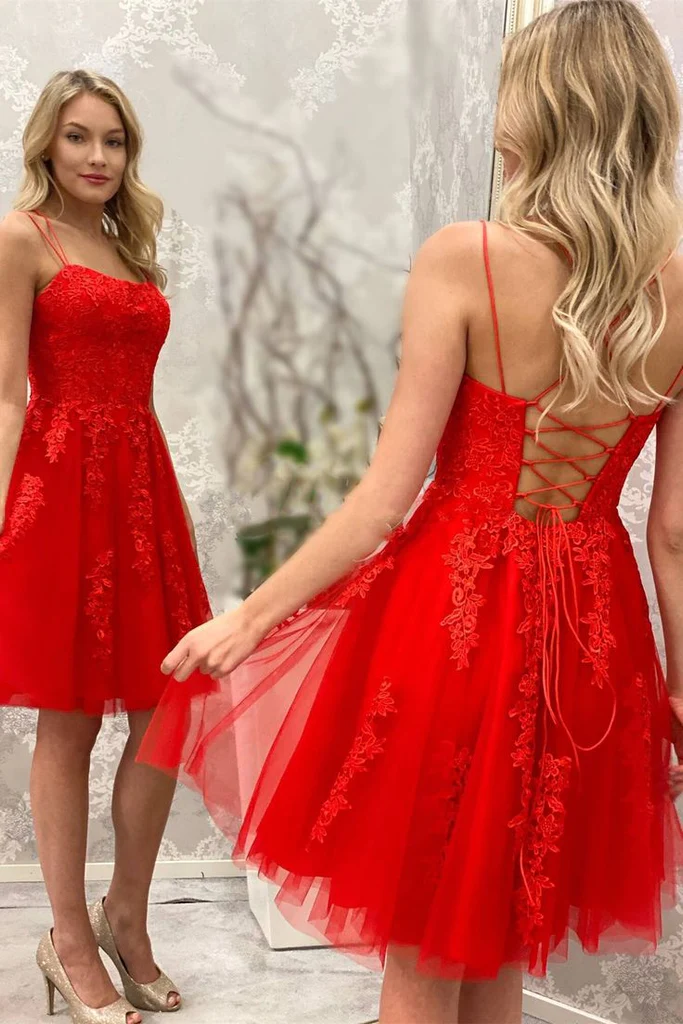 Simple Spaghetti Straps Red Lace Short Homecoming Dresses - VelvetHem
