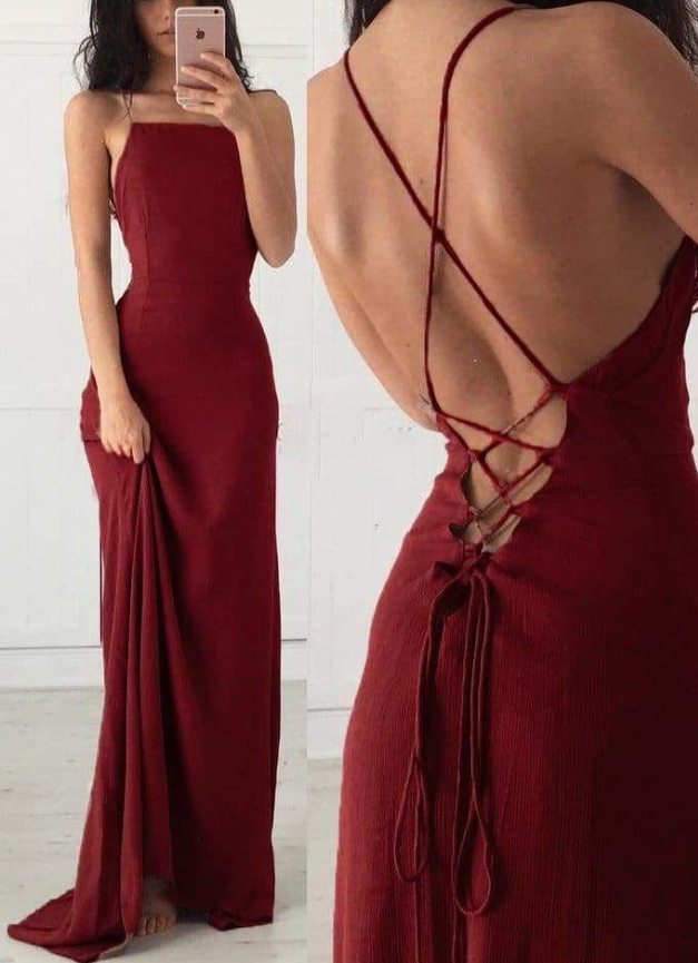 Sexy Spaghetti Straps Burgundy Long Prom Dress Backless Evening Dress Y7832 - VelvetHem