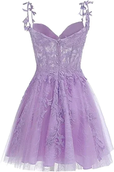 Purple Floral Tulle Short Homecoming Dress with Lace Rhinestones Appliques (ZD12447)