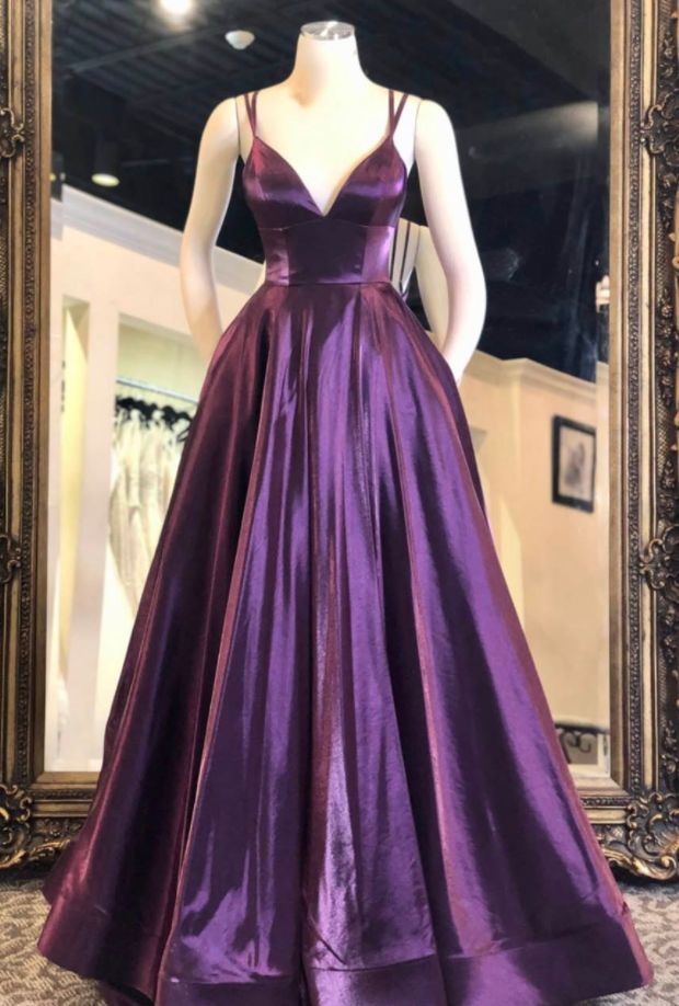 Purple A-line V Neck Satin Long Prom Dress Evening Dress - VelvetHem