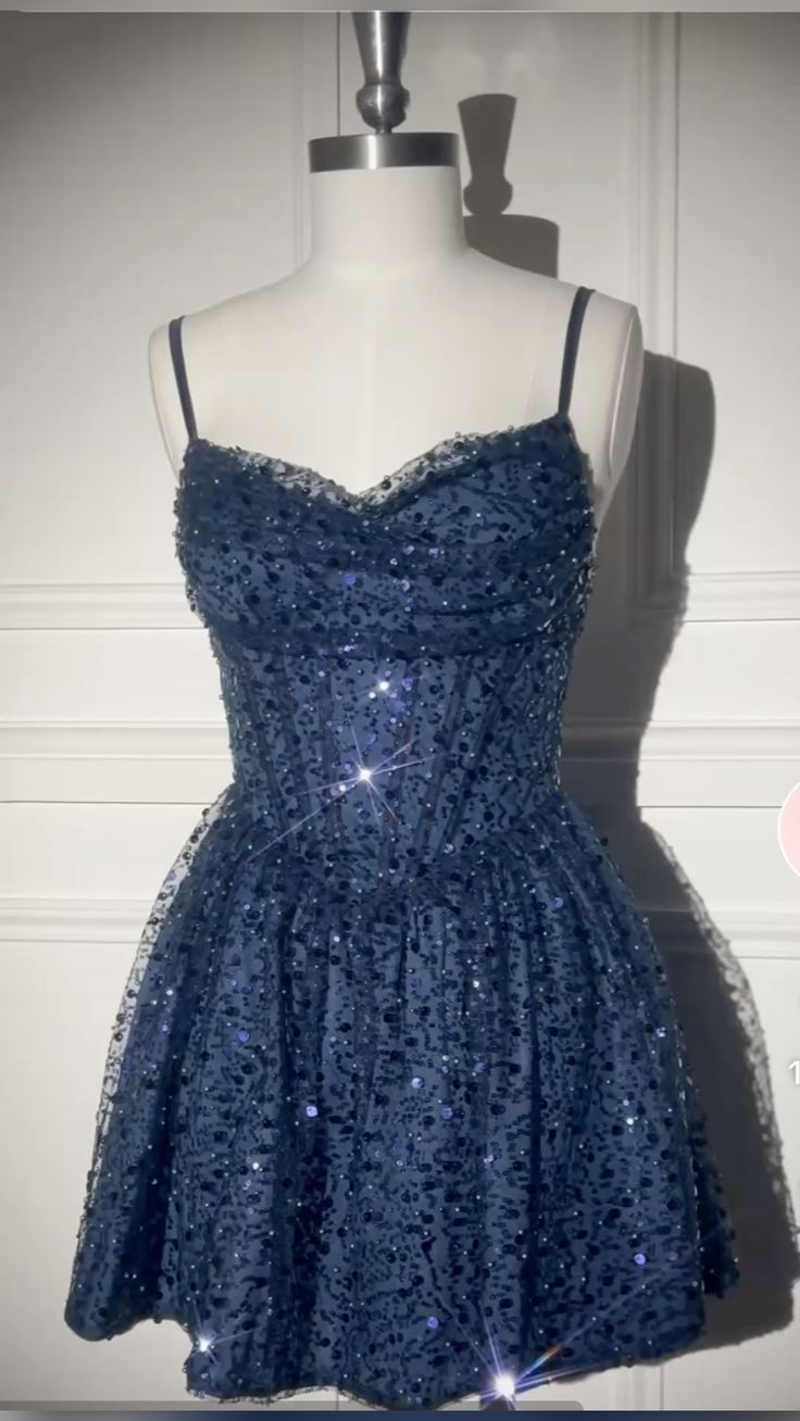 Pretty Spaghetti Straps Navy Blue Tulle Sequin Beaded A Line Short Prom Dress Formal Homecoming Dress