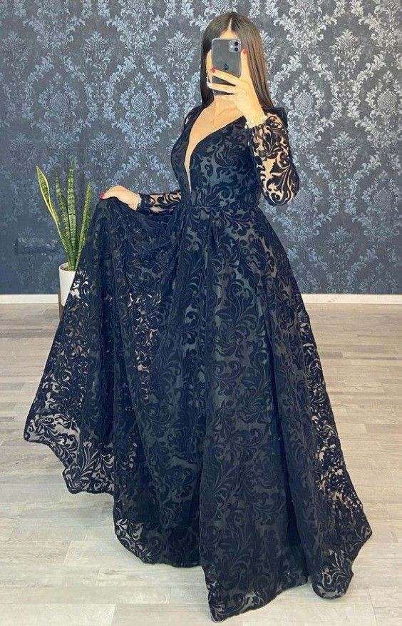 V-Neck Long Sleeve Prom Dresses, Black Long Prom Dress - VelvetHem