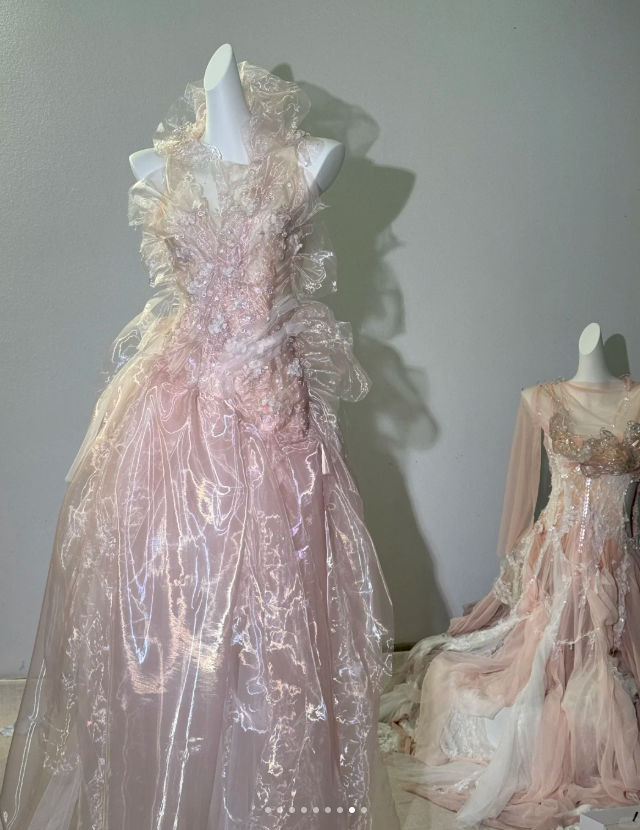 Fairy Pink Tulle Beaded Prom Dress Long Backless Evening Dress Y8564