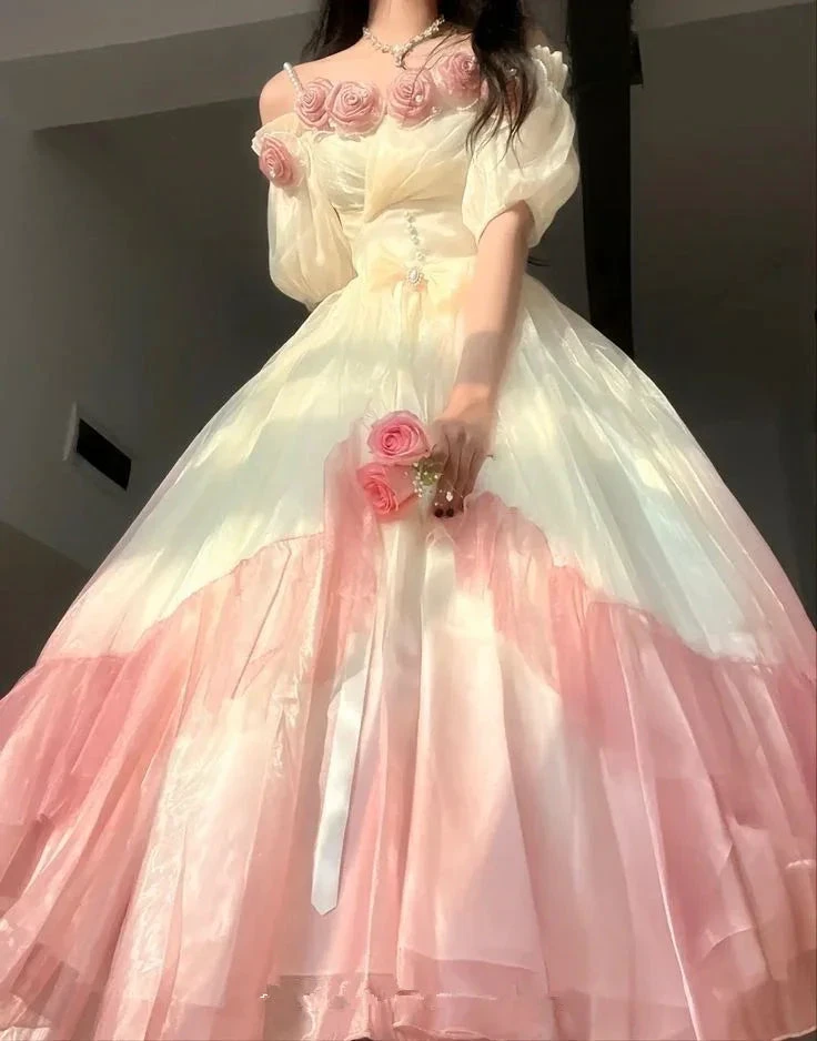 Roses Flowers Masquerade Prom Dress Champagne Pink Gradient Floral Wedding Dress Vintage Princess Dress with Pearls (ZD13630) - VelvetHem
