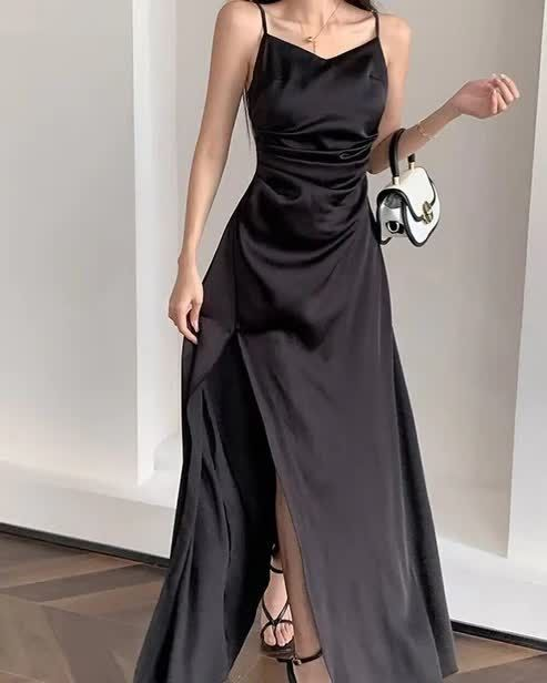 Simple Spaghetti Straps Black Slit A Line Evening Dress Long Prom Dress - VelvetHem