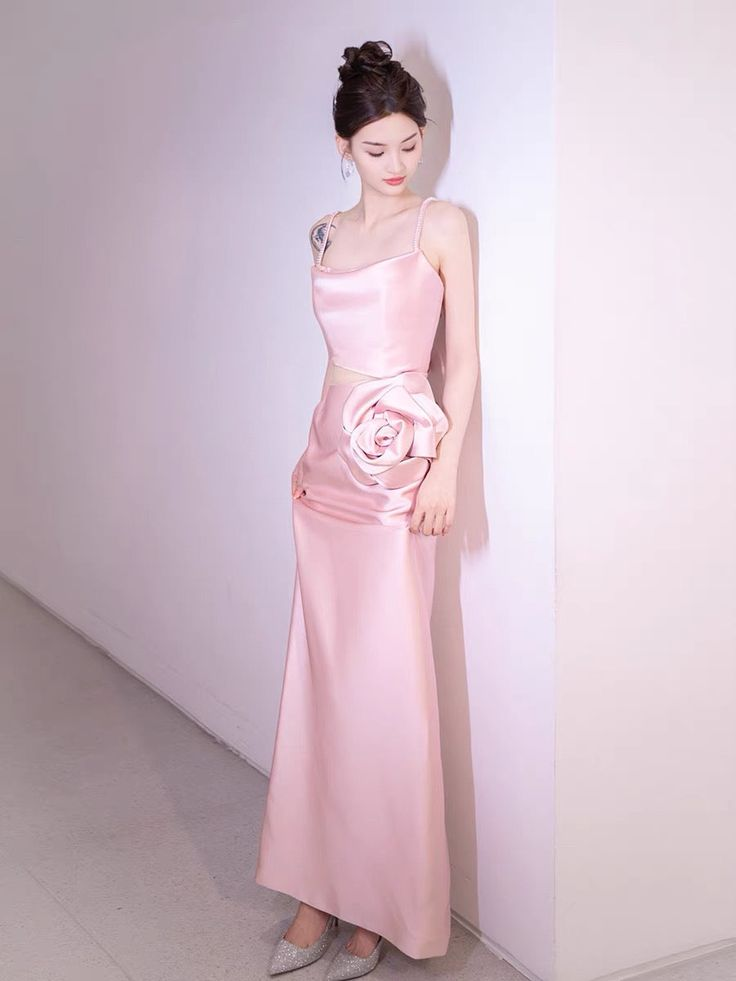 Elegant Pink Straps Sheath Prom Dress Evening Dress With Rose Flowers - VelvetHem