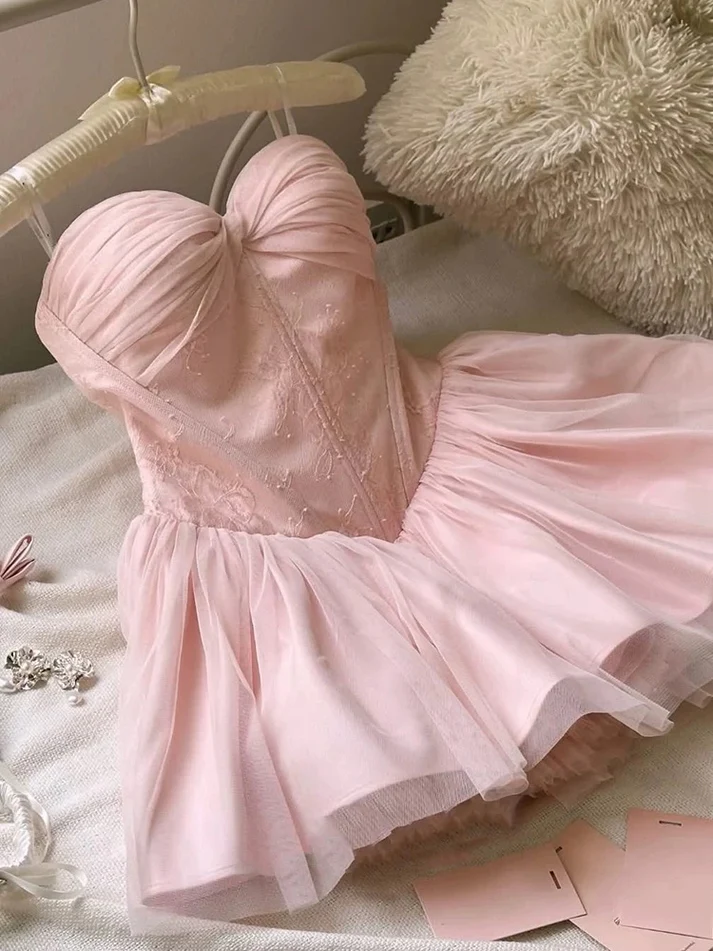 Cute Pink Sweetheart Neck Lace Tulle A Line Short Birthday Dress Homecoming Dress
