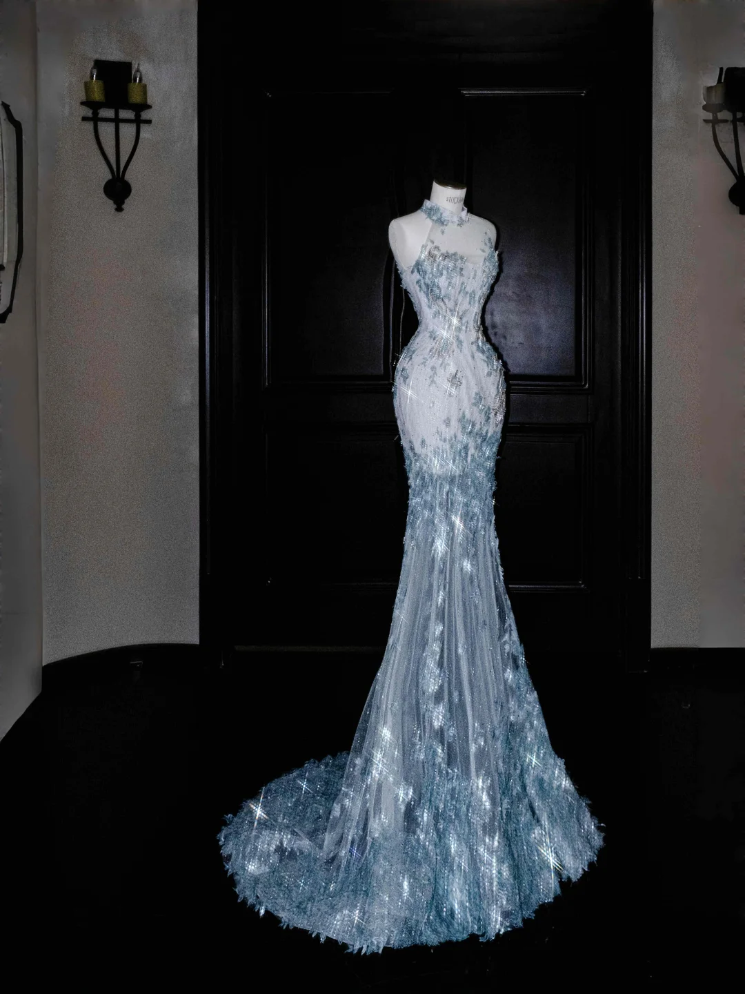 Dream Blue Tulle Sequins Appliques Mermaid Evening Dress Long Prom Dress Y8673 - VelvetHem