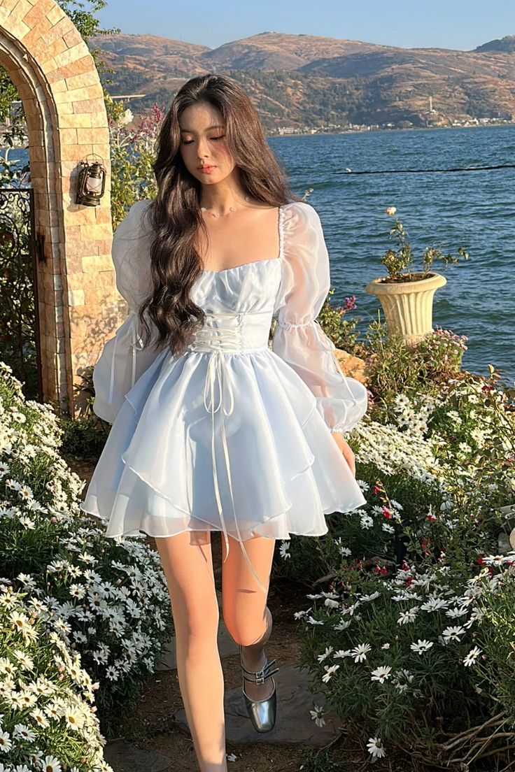 Blue A-line Princess Dress Blue Long Sleeves Homecoming Dress Blue Fairy Dress Y6083 - VelvetHem