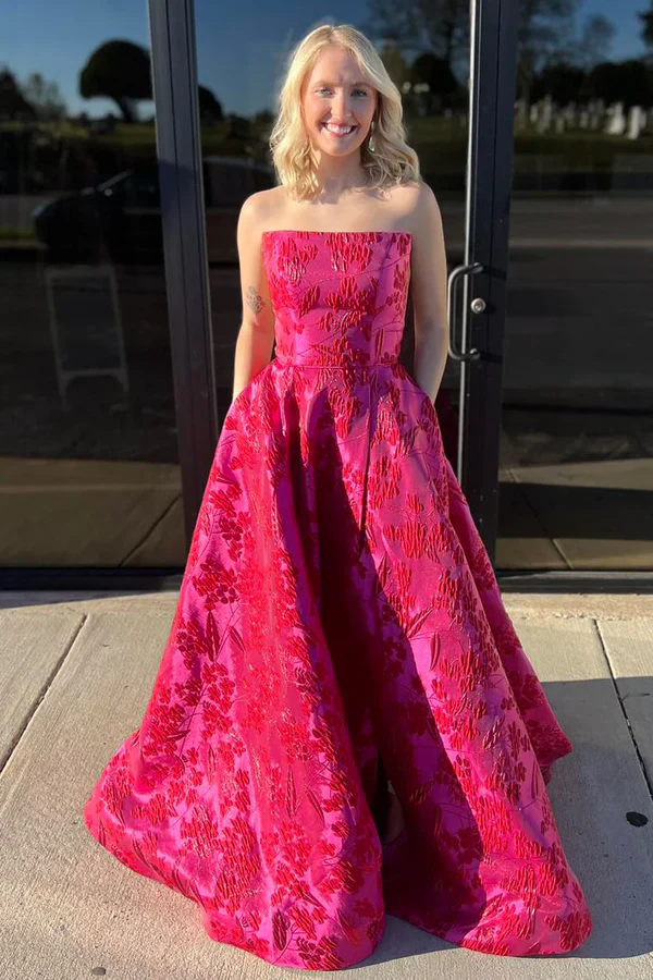 Chic Satin Print Floral Evening Dress Hot Pink Strapless A Line Prom Dress With Pockets Y8036 - VelvetHem