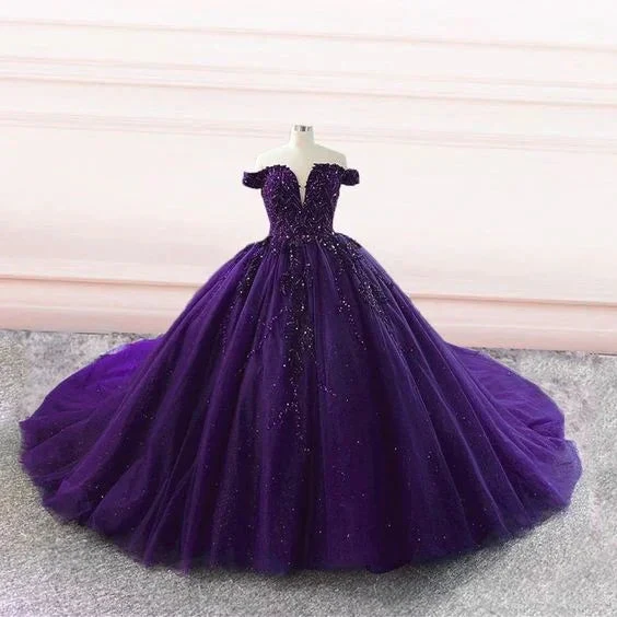Purple tulle ball gown off the shoulder wedding dresses (ZD13648)