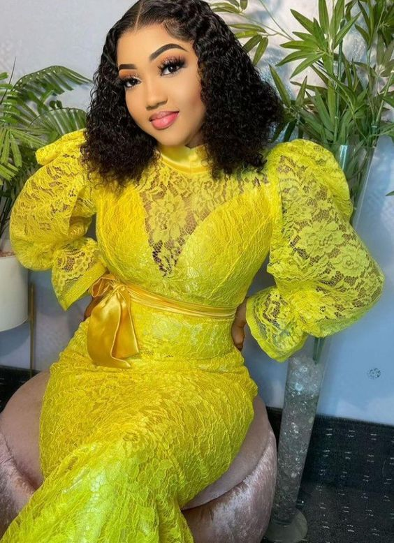 Vintage Yellow Lace Prom Dress,Yellow Puffy Sleeves Formal Gown - VelvetHem