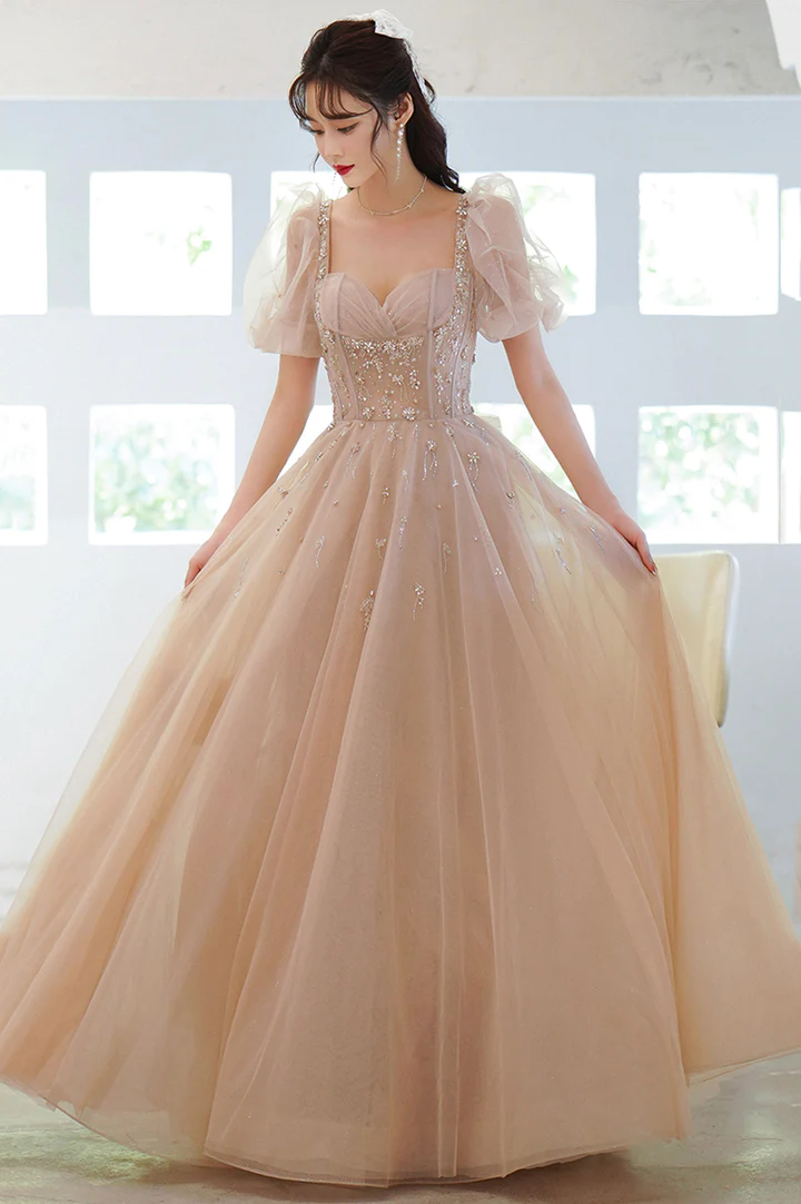 Cute tulle beads long prom dress A line evening gown - VelvetHem
